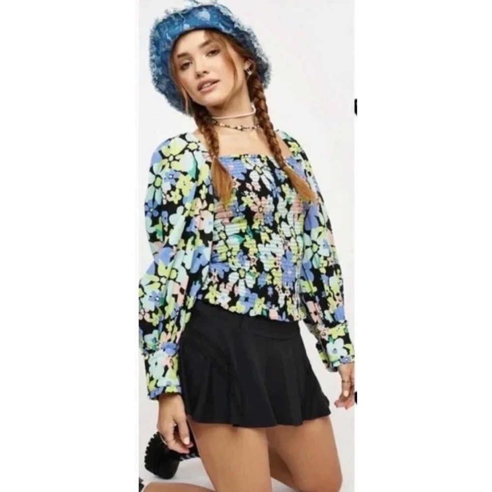 Free People Ariana Printed Top Smocked Floral Puff Sleeve Square Neck XS